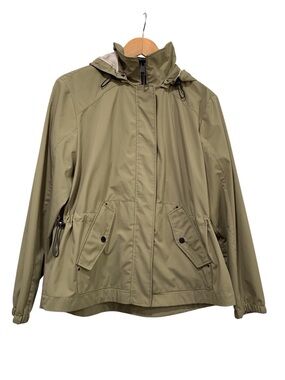 Barbara Lebek Rain Jacket Green Tan Hooded Size 10 US/ 14 UK